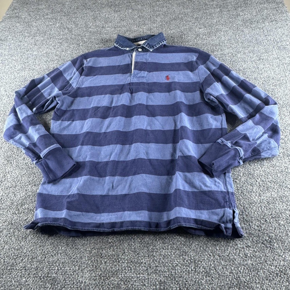 Polo Ralph Lauren Rugby Shirt Men L Blue Striped Denim Collar Custom Fit Preppy